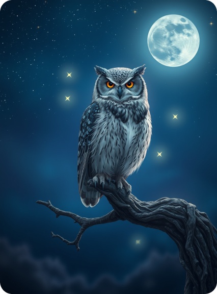 A majestic owl perches on an ancient branch under a starlit, rune-filled night sky.