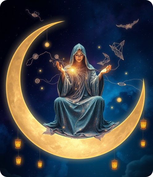A cosmic figure weaving constellations from stardust while seated on a crescent moon.