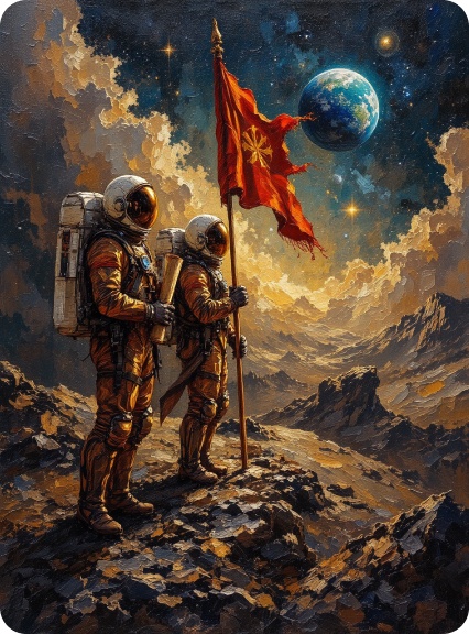 A Renaissance-style painting of astronauts planting a flag on the moon.