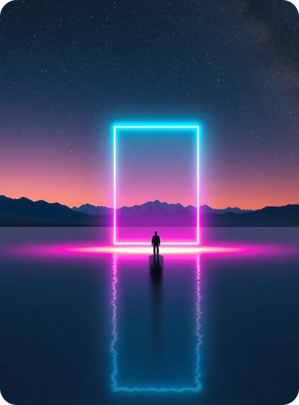 A glowing portal floating above a mirror-like desert, beckoning a silhouetted figure.