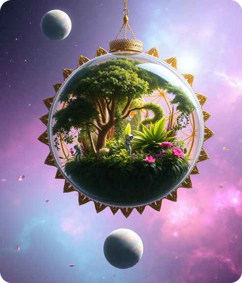 A sunflower-shaped biodome garden suspended in space.