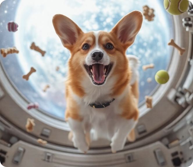 A corgi astronaut floating in zero gravity, surrounded by floating dog treats.