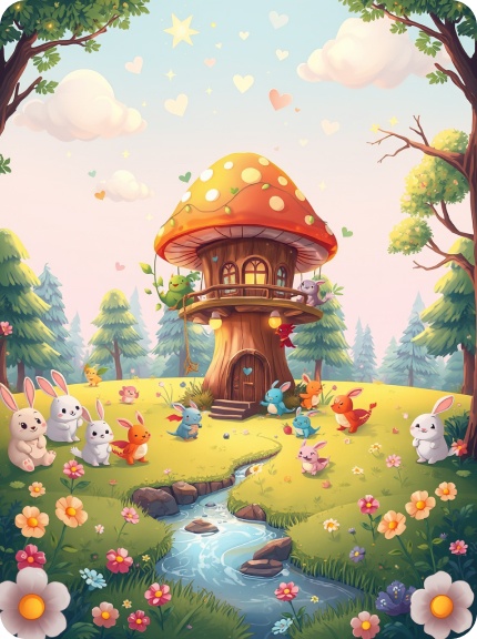 Magical forest creatures gathering around a glowing mushroom treehouse.