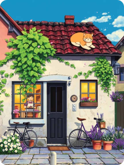 A young baker in the window of a small bakery, with bicycles leaning against the wall. Ghibli style.